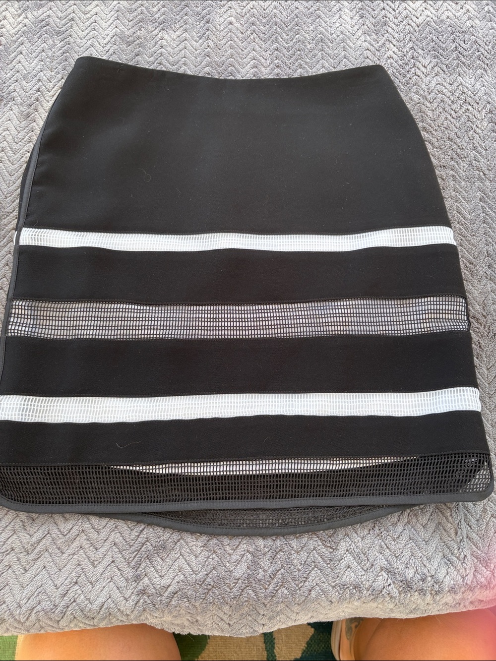 White House Black Market Black Mini Skirt with White Stripes and Mesh Panels